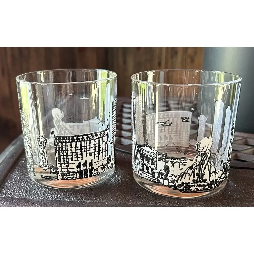Vintage Pair of Chicago Skyline Rocks Glasses Whiskey Tumblers Black And White
